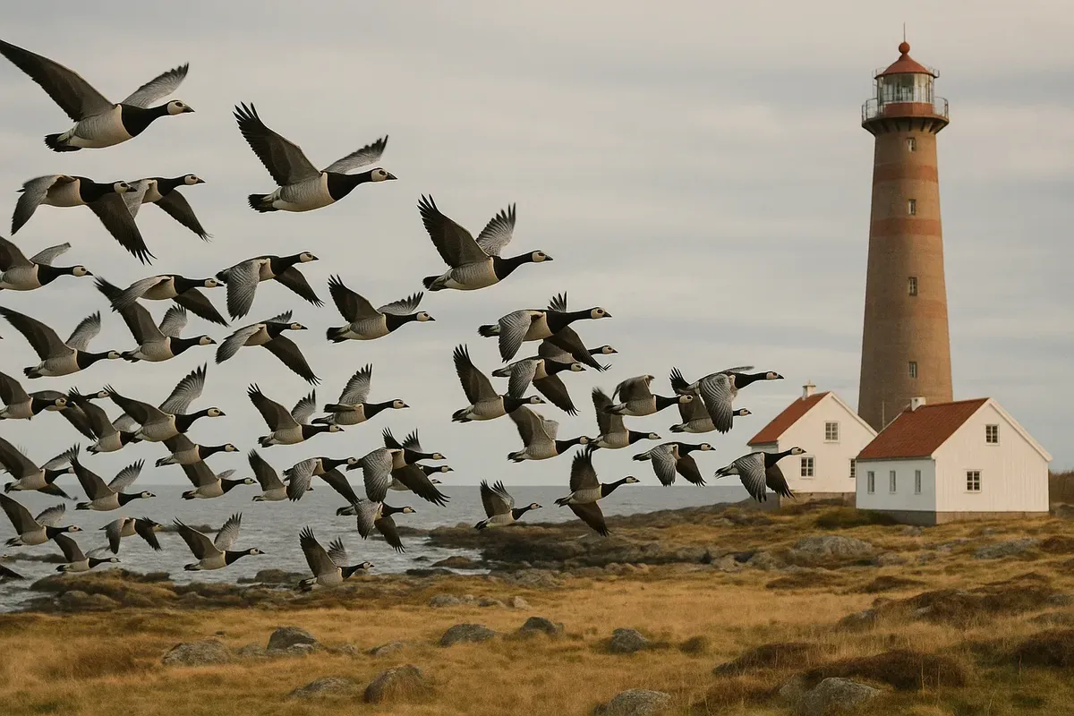 "Flock of barnacle geese flying low over the coast near Lista Lighthouse, Norway, during migration