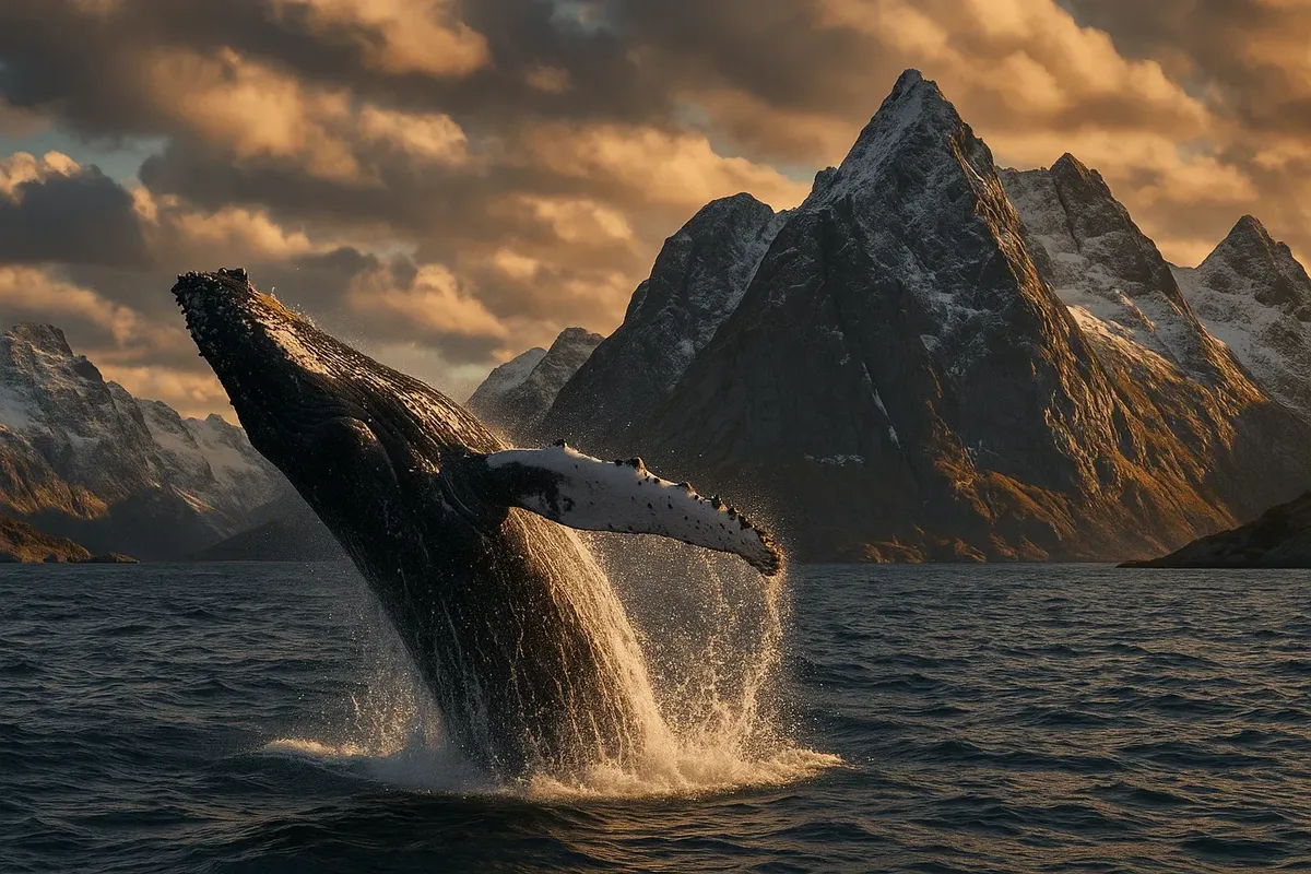 Humpback whale breaching off the Lofoten Islands, Norway, with dramatic mountains in the background