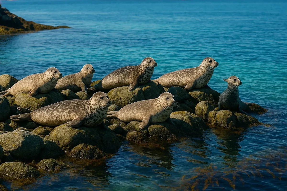 Group of gray seals on a rocky shore in the bay of Skrova, Lofoten Islands, Norway, with clear blue water and kelp forest in the background