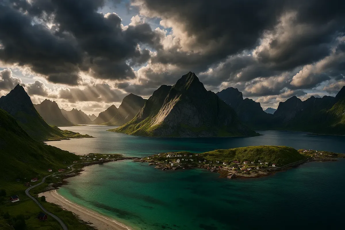View of the Lofoten Islands coast in summer, with mixed clouds, sunlight, and rugged mountains meeting the sea