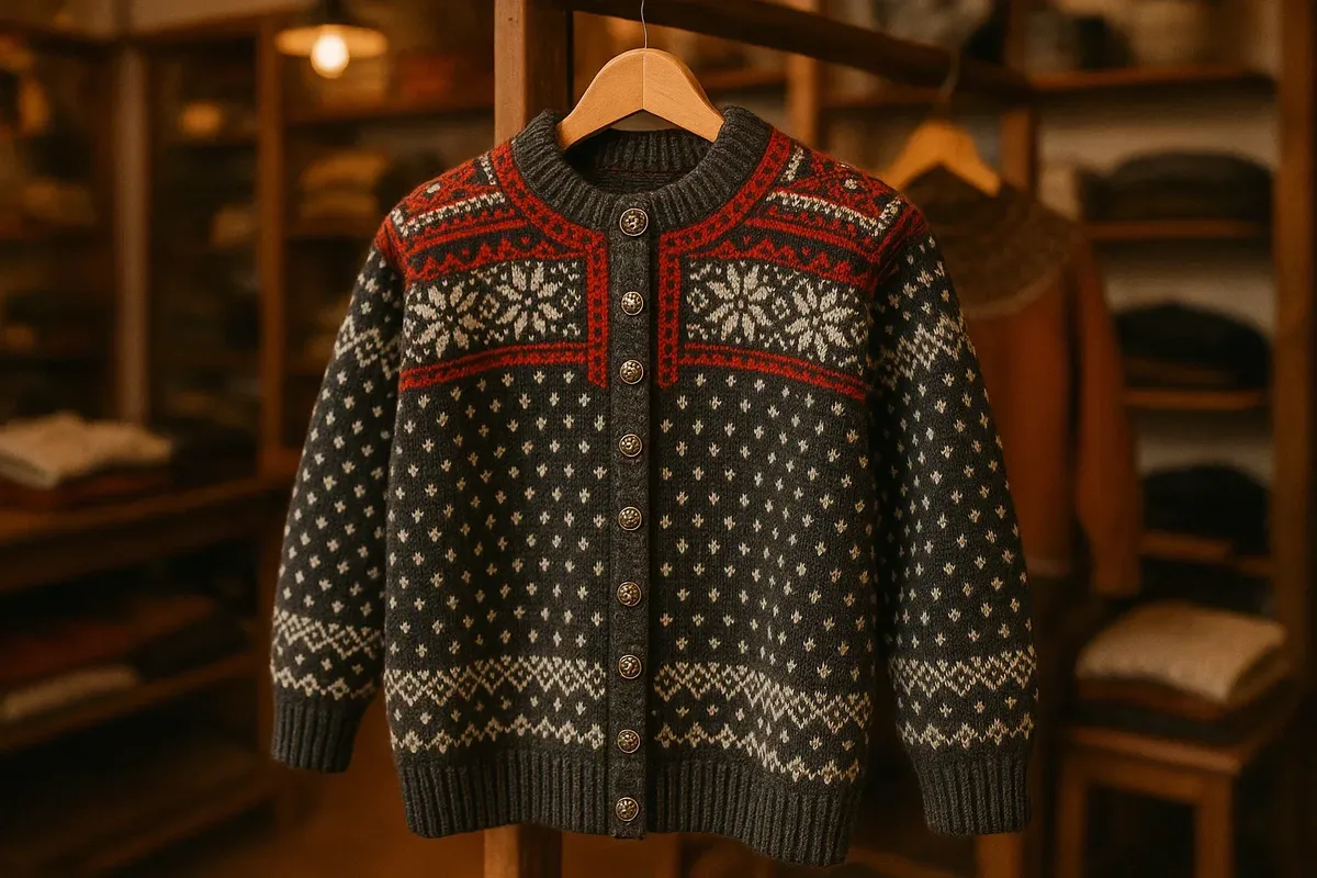 Classic Norwegian Lusekofte sweater displayed in a boutique