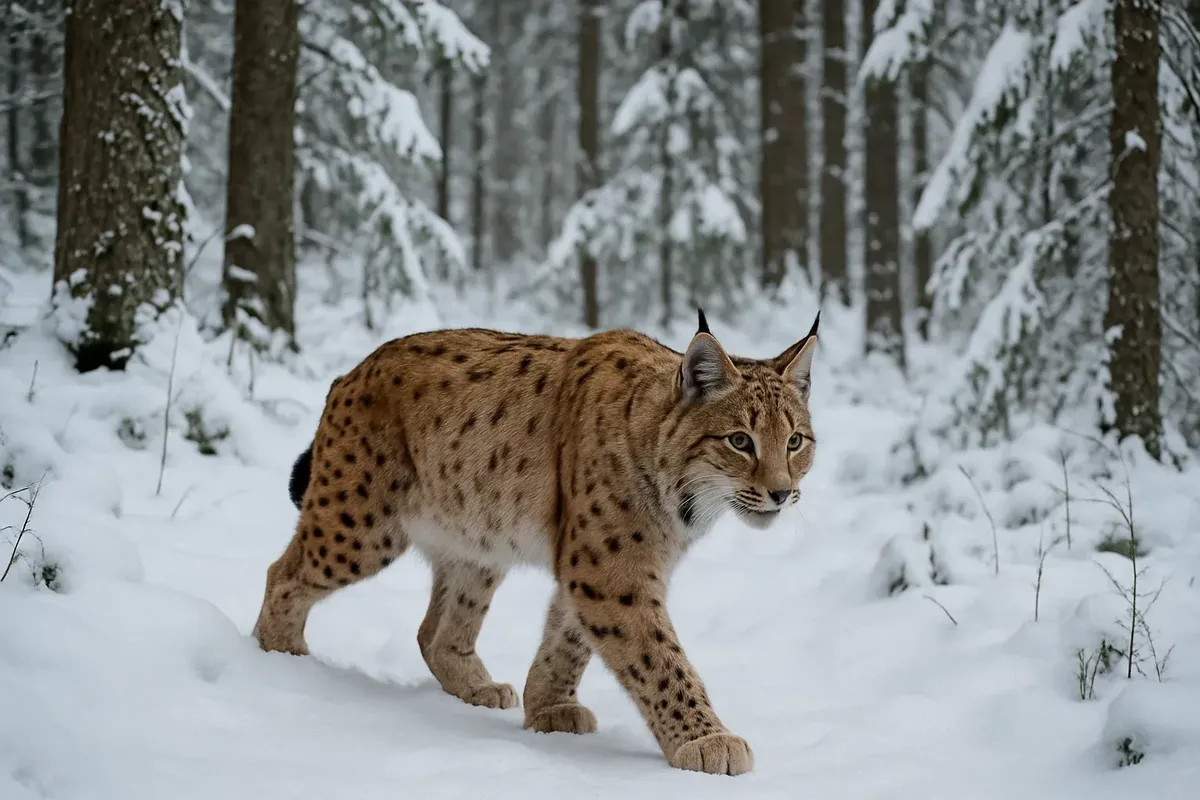 "Eurasian lynx with tufted ears sneaking through the snowy forest in Trøndelag, Norway "