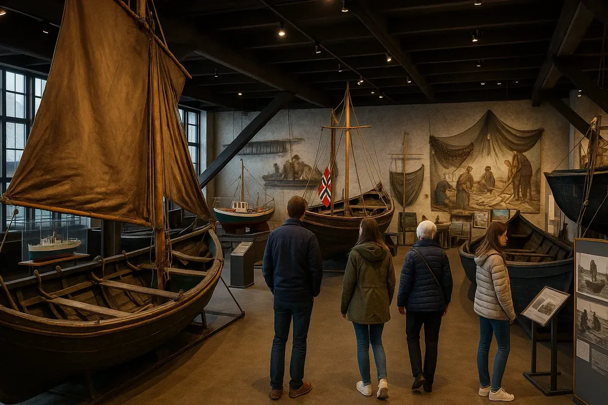 Visitors exploring a maritime museum in Norway with old fishing boats and exhibits