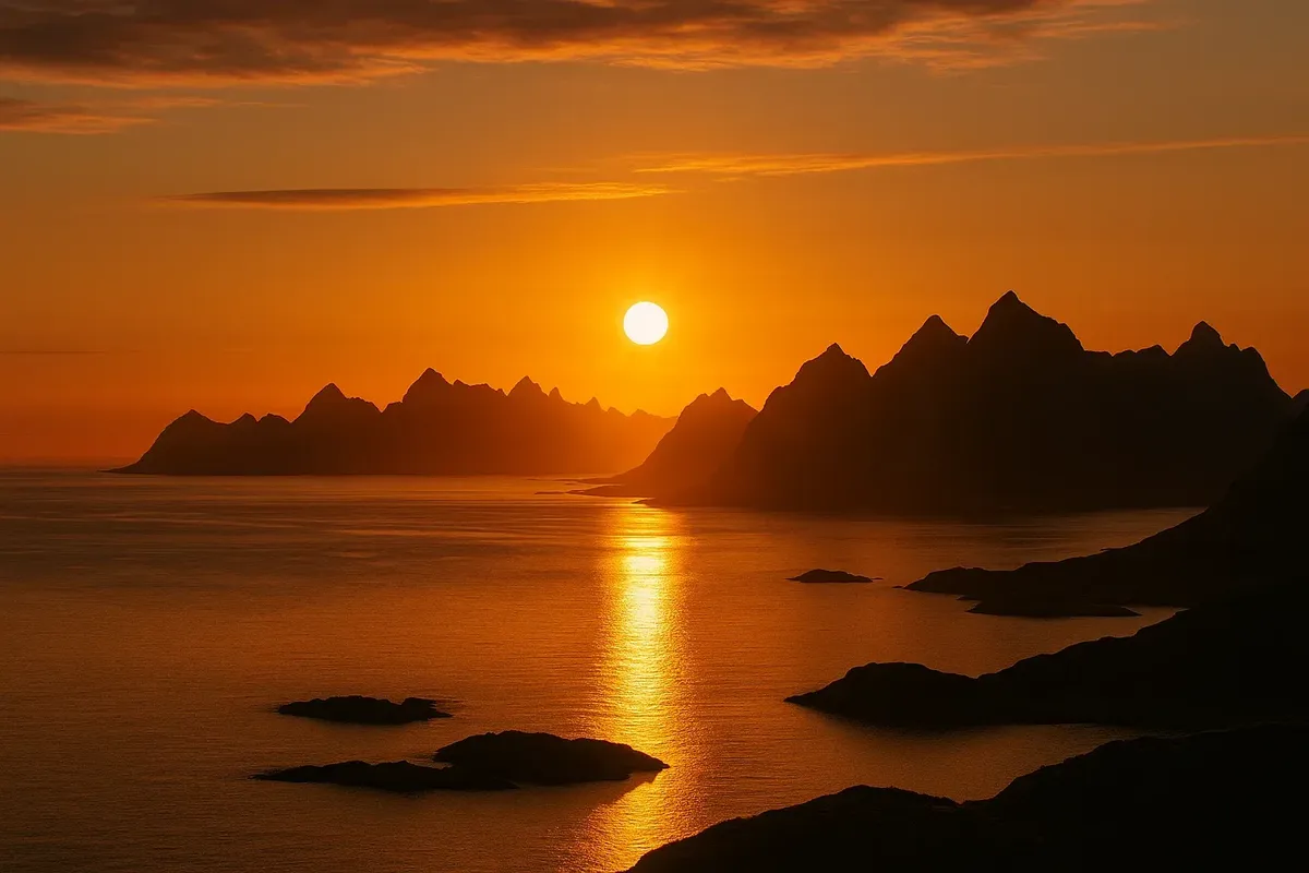 Stunning view of the midnight sun in Norway’s Lofoten Islands during polar day