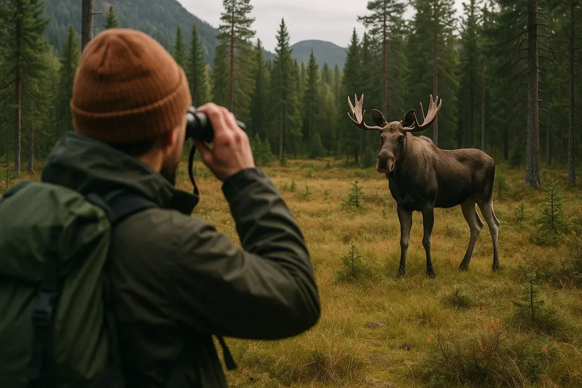 Moose in a forest clearing in Norway, observed by a tourist with binoculars from a safe distance