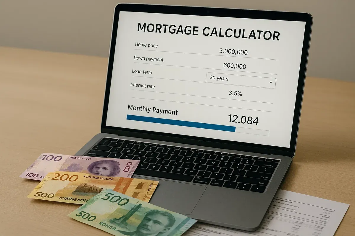 Home office desk with a mortgage calculation displayed on a laptop, Norwegian currency, and paperwork