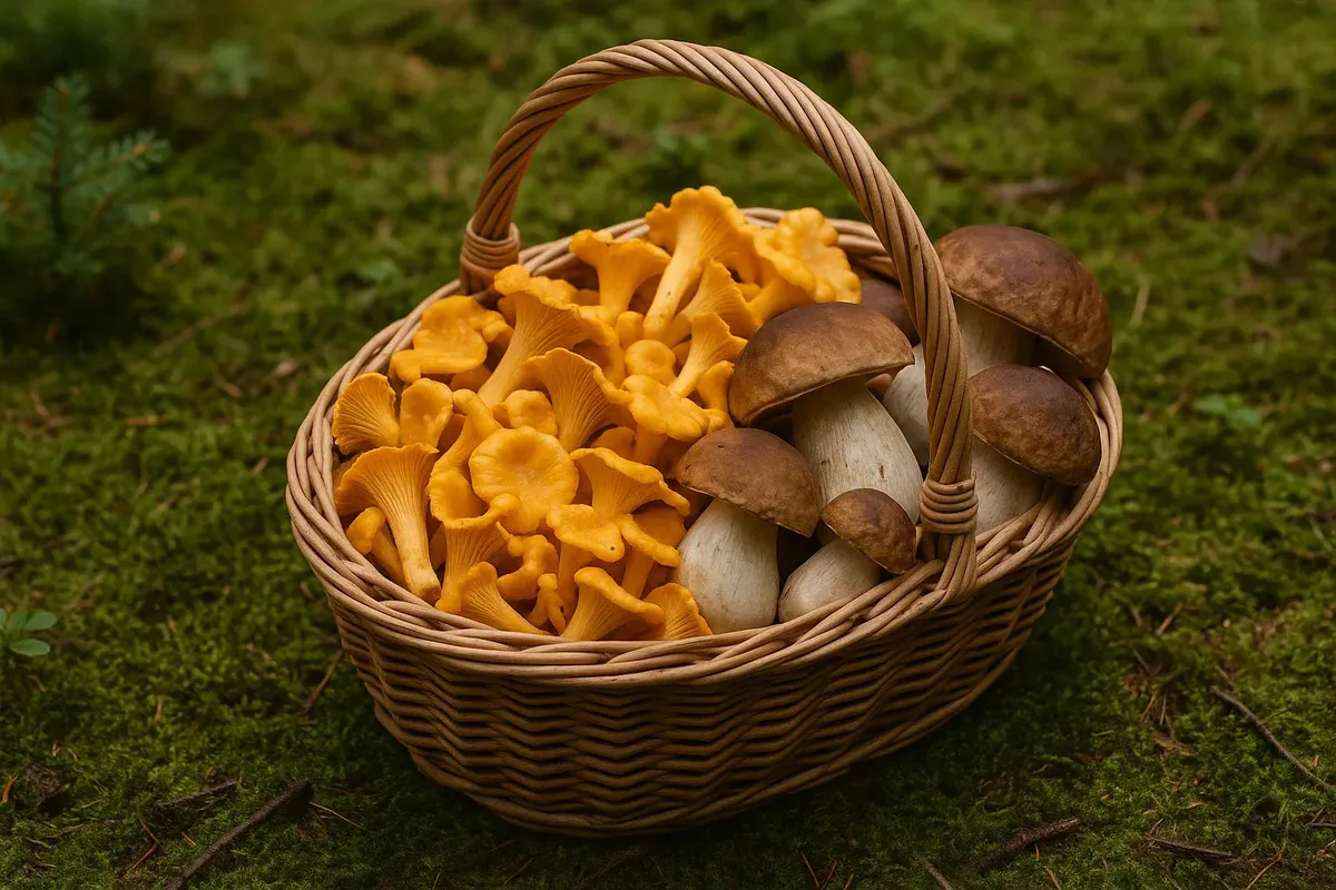 Freshly picked chanterelles and porcini in a basket during autumn hike