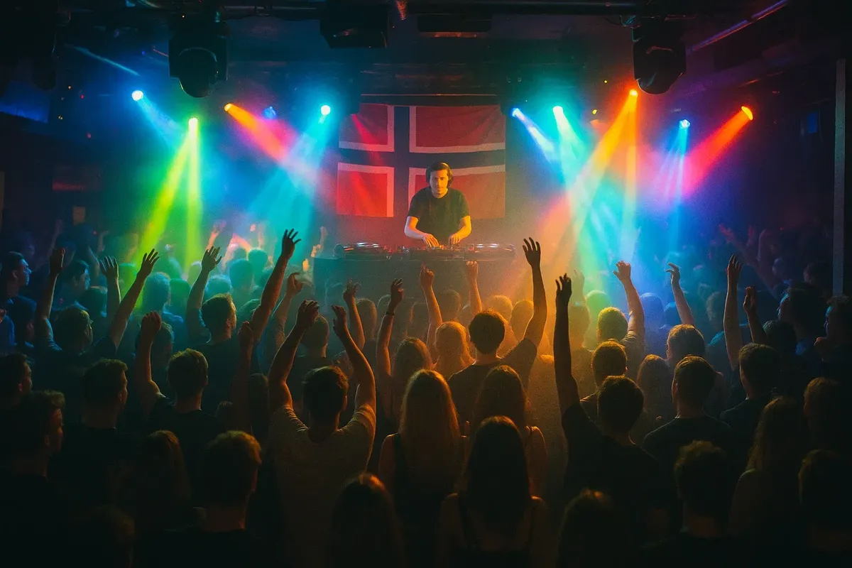 Dynamic nightclub scene in Norway with people dancing, DJ booth, colorful lights