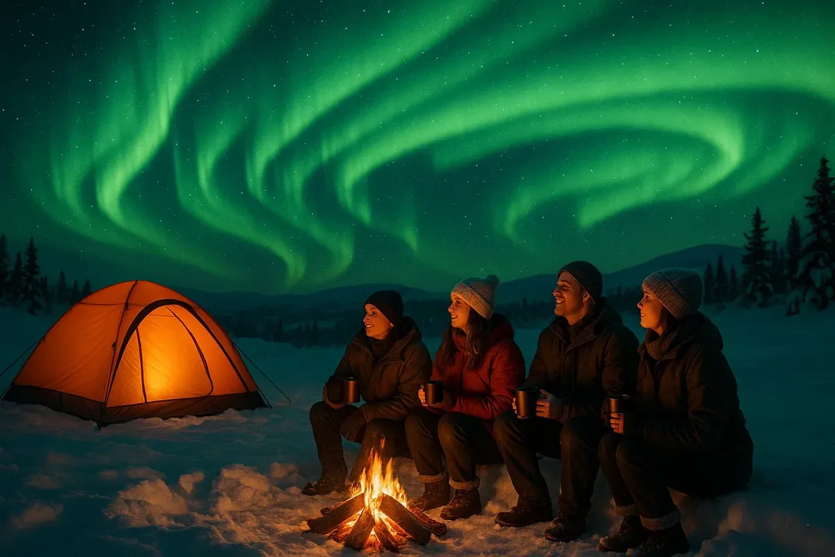 People enjoying hot drinks while watching Aurora Borealis in a winter campsite
