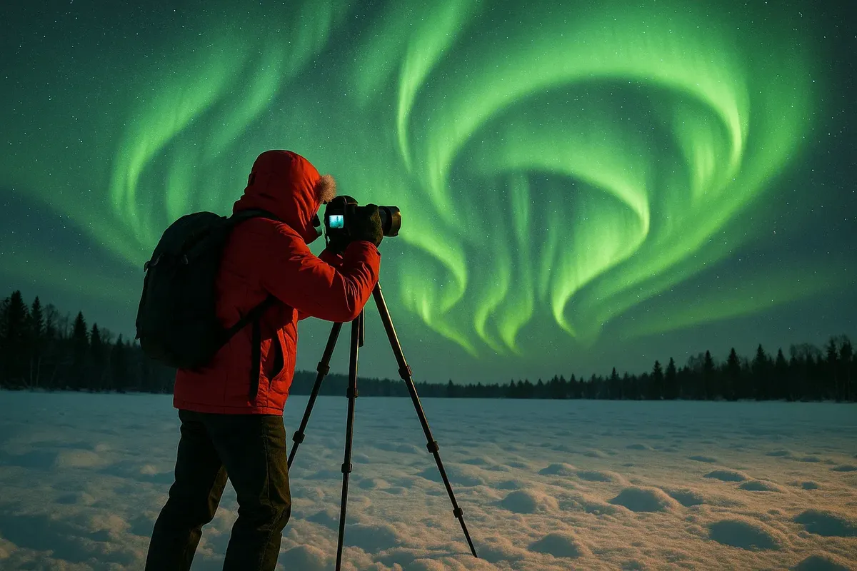 Traveler taking long exposure photo of Aurora Borealis in Norway