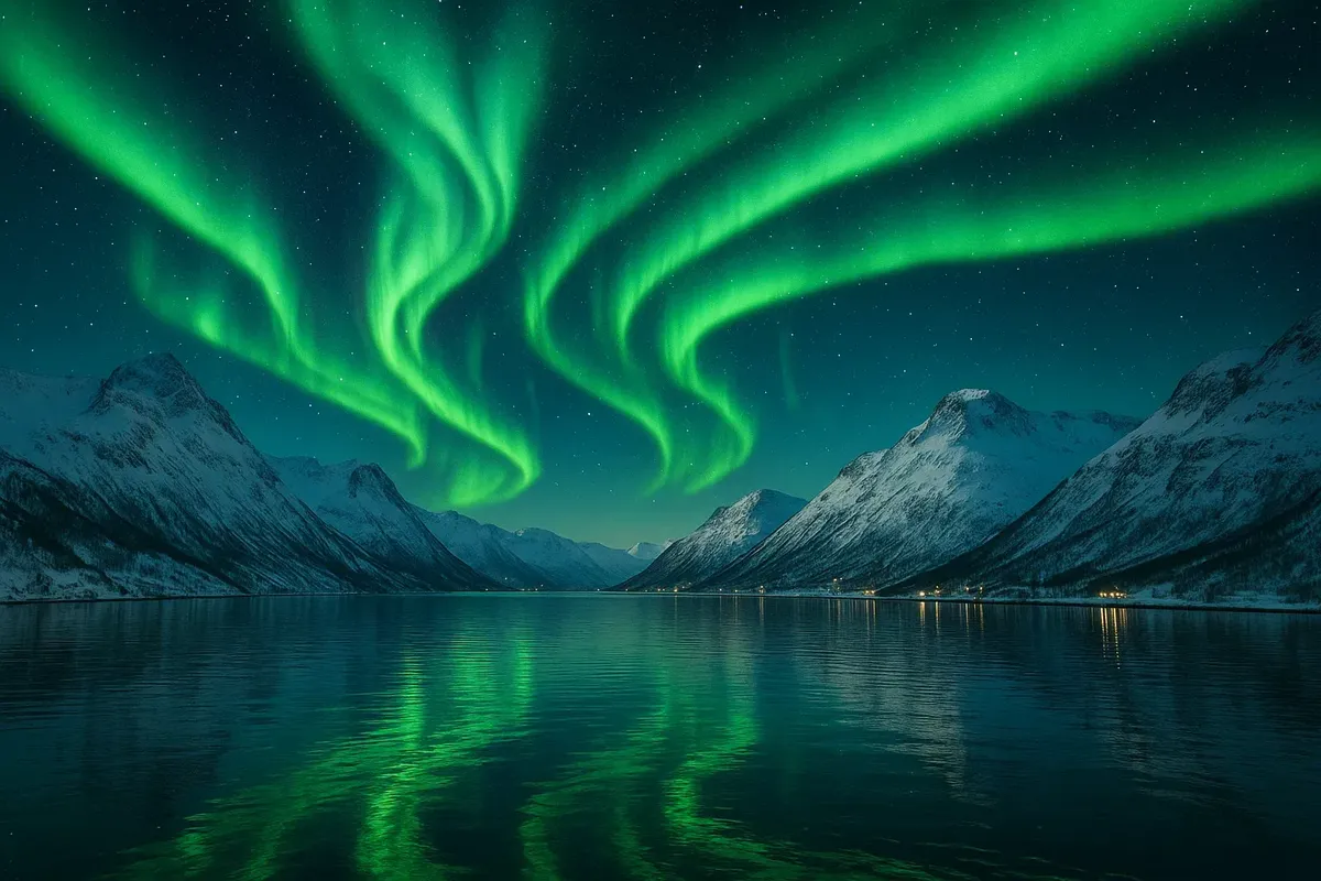 Stunning Aurora Borealis view above Tromsø fjord with snow-covered mountains