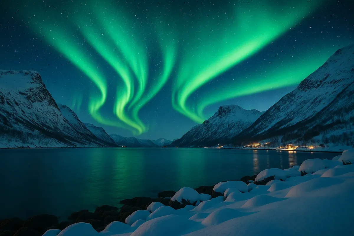 Aurora borealis illuminating the sky above a snowy fjord in Norway