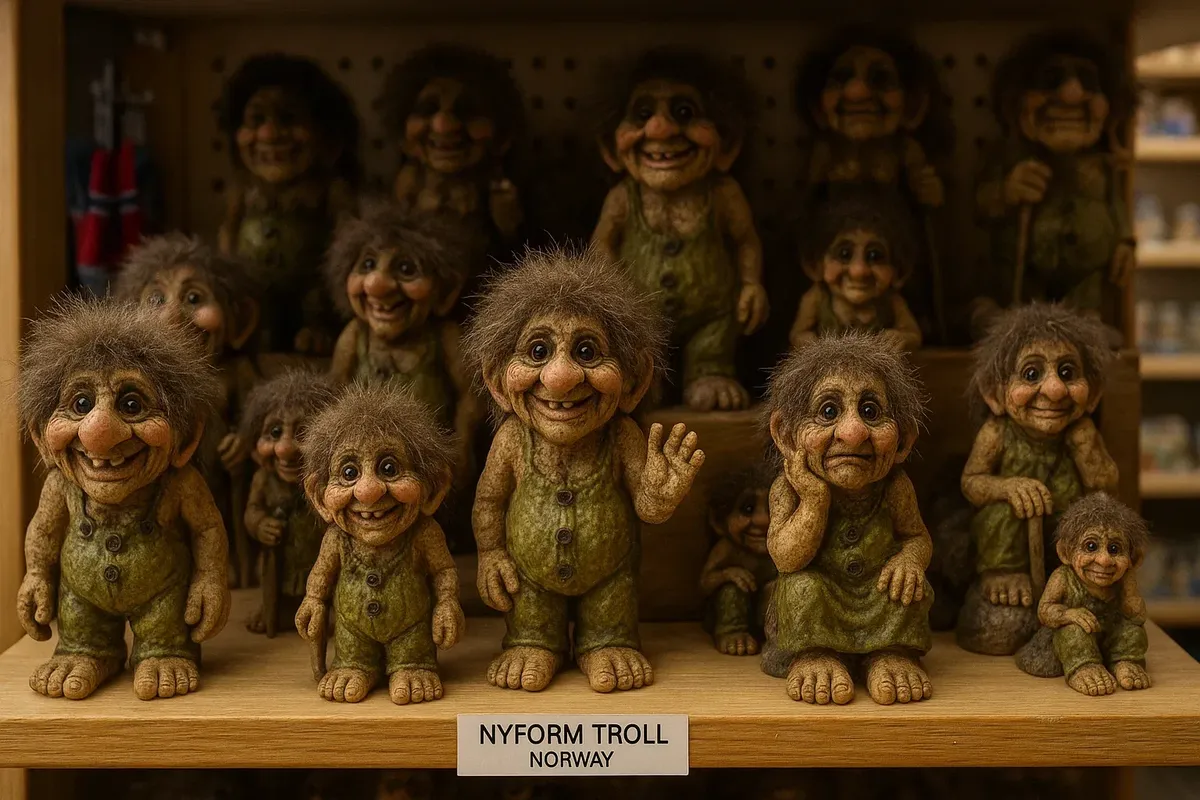 Authentic NyForm troll figurines displayed in a Norwegian store