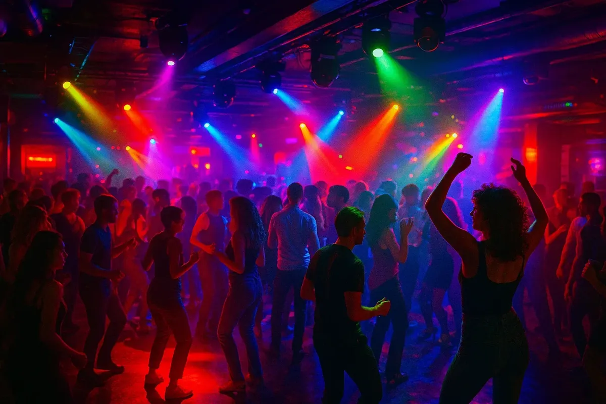 A lively nightclub scene in Oslo with a crowded dance floor and colorful lighting