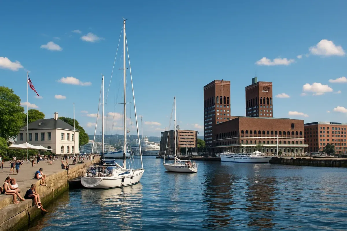 A bright sunny day in Oslo, showing the city harbor and blue skies