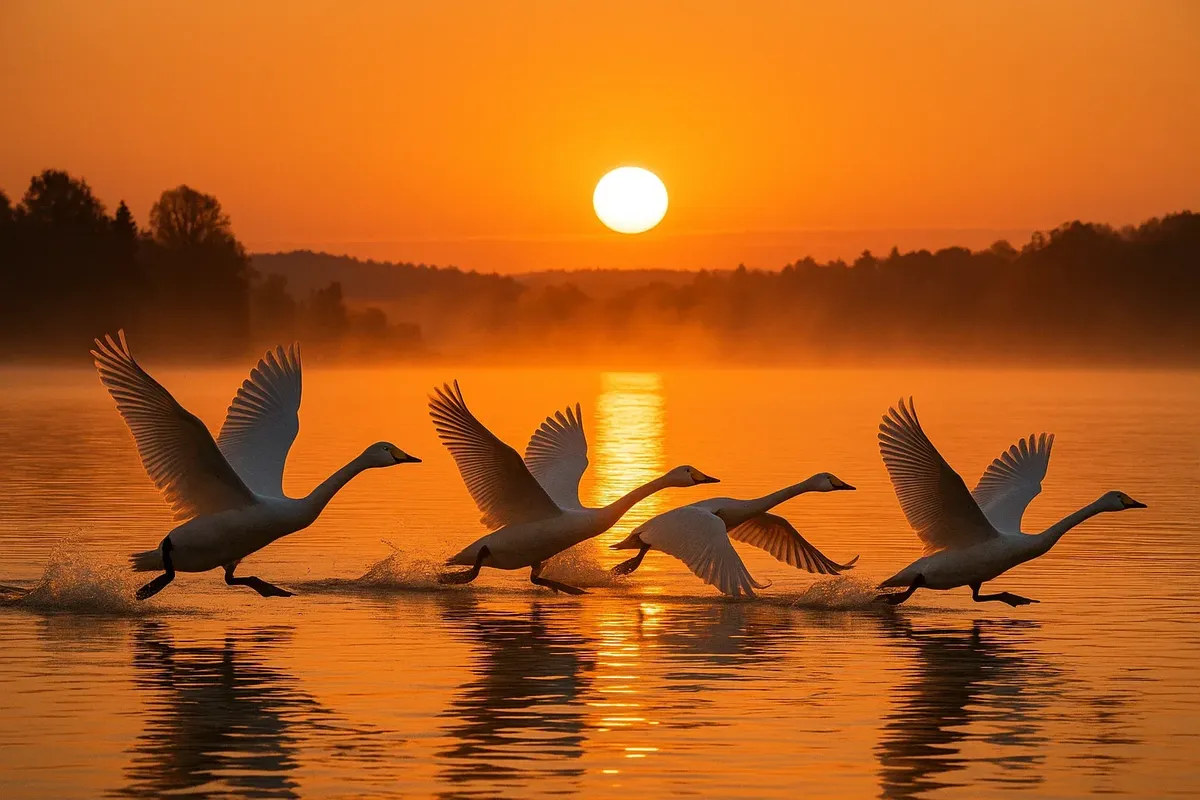 Whooper swans taking off from Lake Øyeren at dawn, Norway