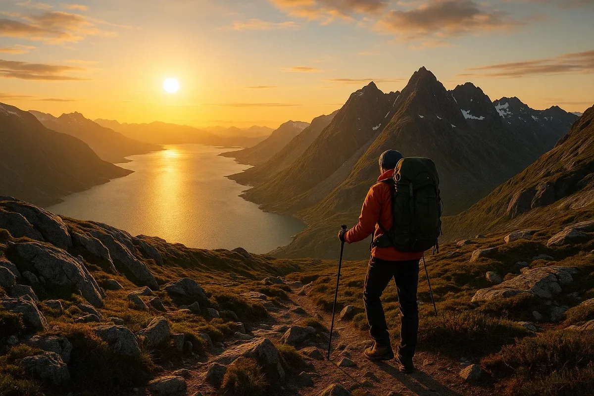 Active traveler enjoying hiking in Tromsø during polar day with continuous daylight