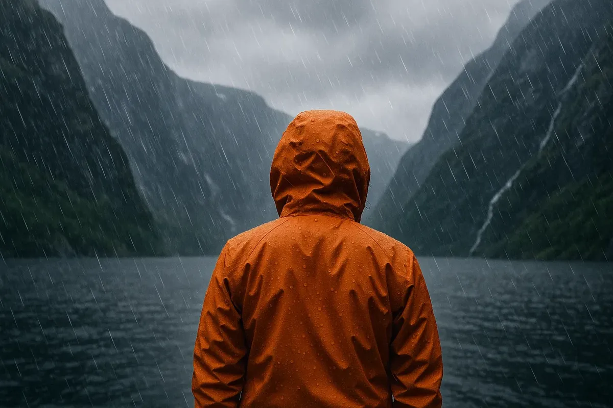 Traveler protected from sudden rain with waterproof gear in Norway’s fjords