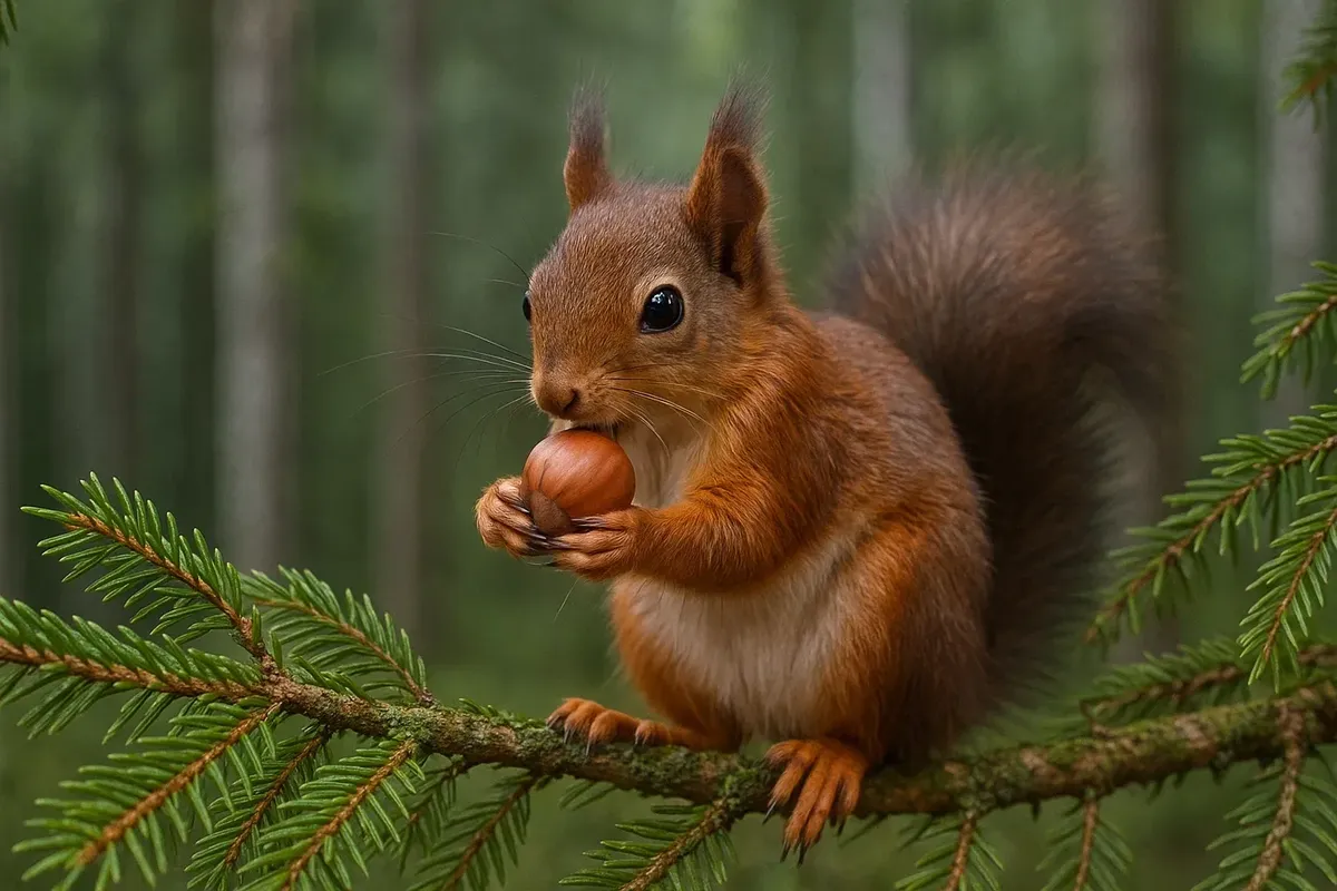 "Red squirrel on a spruce branch in the Nordmarka forest near Oslo, Norway, holding a nut in its paws "
