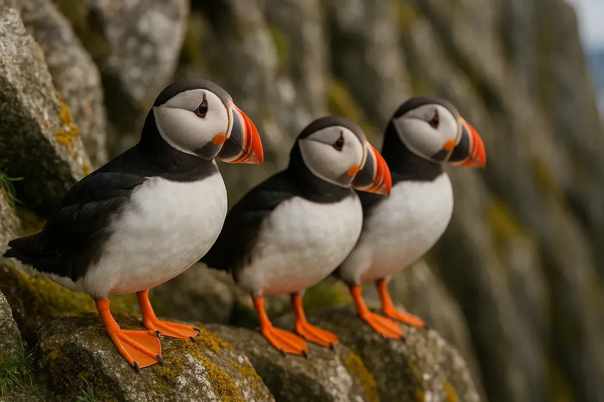 "Atlantic puffins on a rocky cliff on Røst Island, Lofoten Islands, Norway "