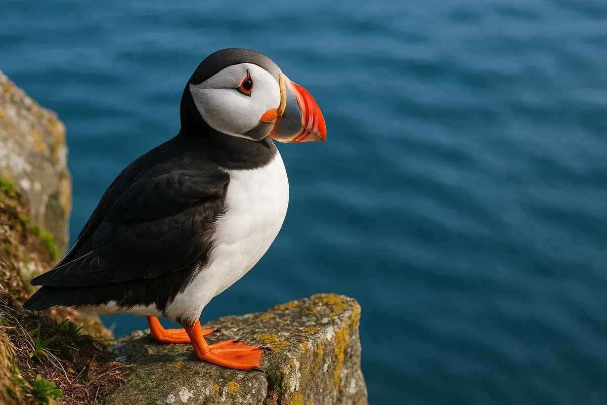 Atlantic puffin with a bright beak on the edge of a cliff on Runde Island, Norway, with the ocean in the background