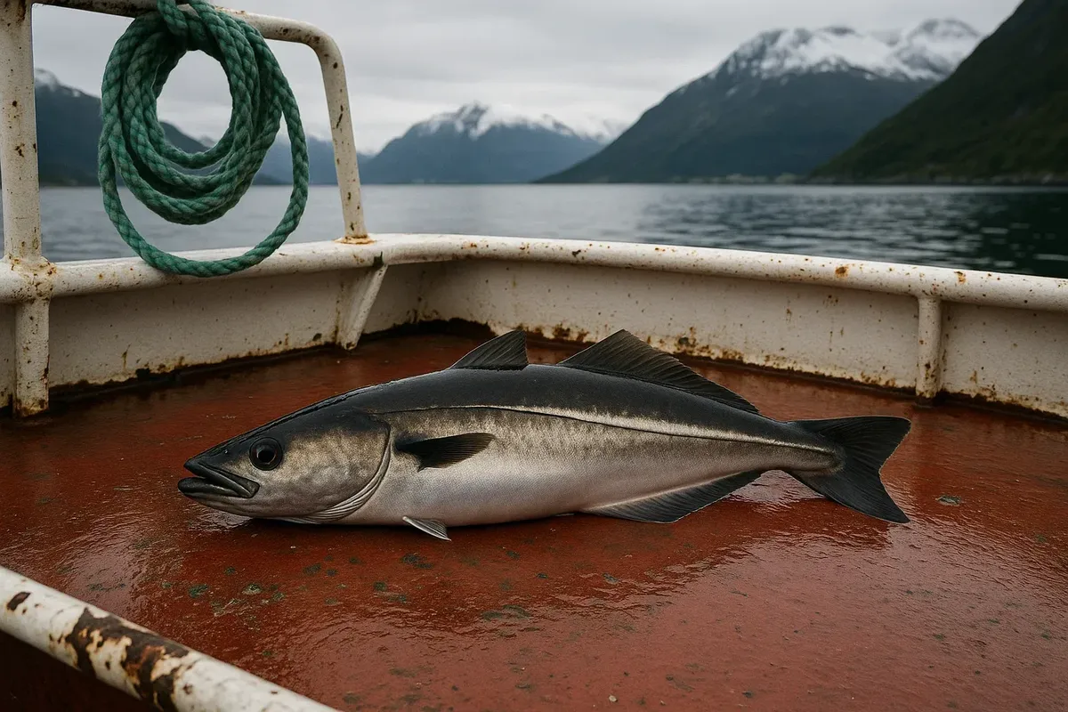 Angler holding large wolffish on Norwegian fishing boat