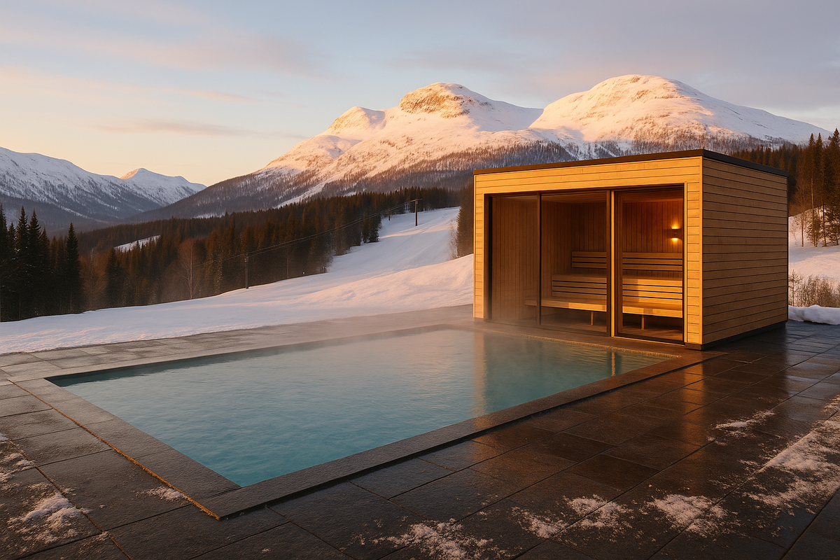 Oppvarmet utebasseng ved en badstue på et fjellhotell om vinteren