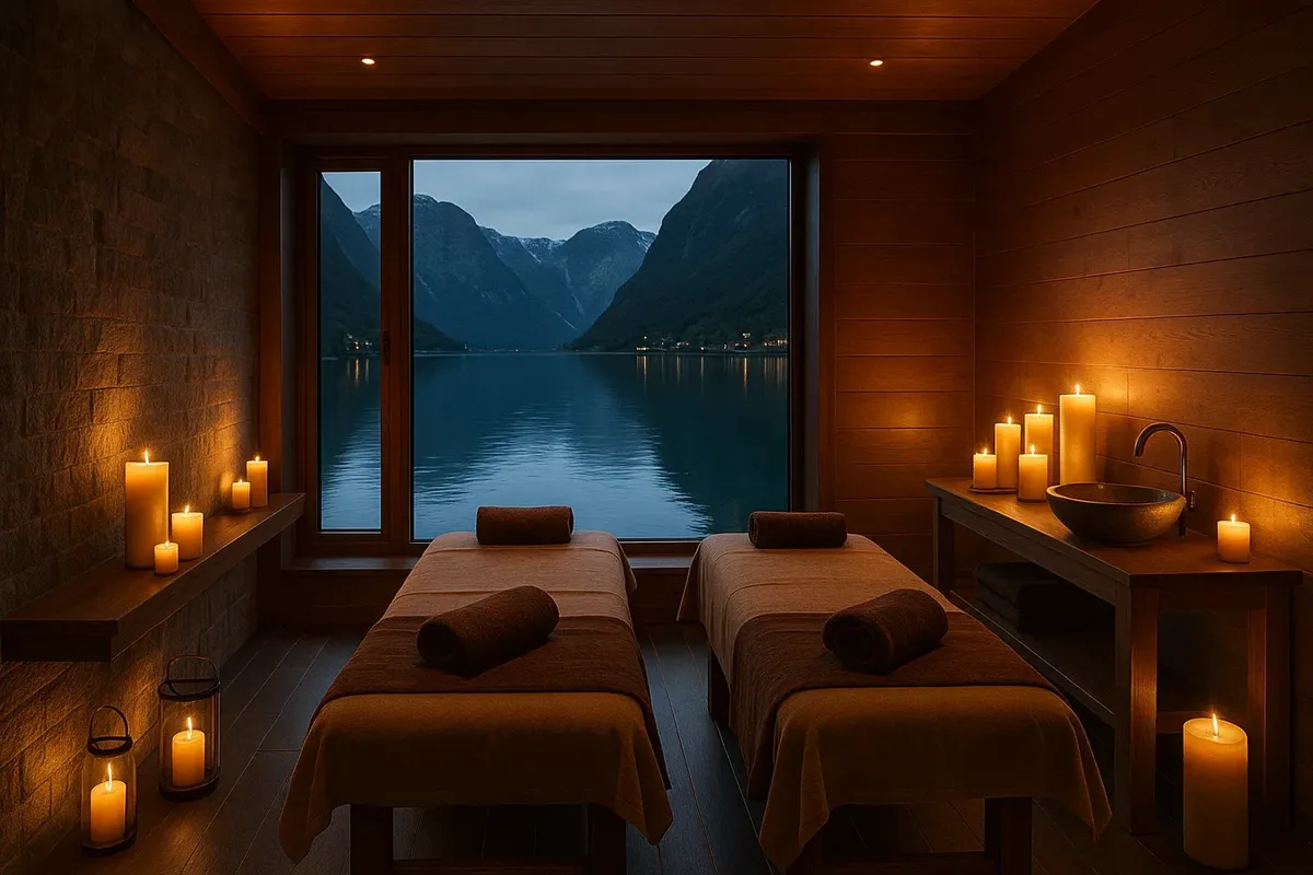 Norwegian hotel spa room with large windows overlooking a fjord