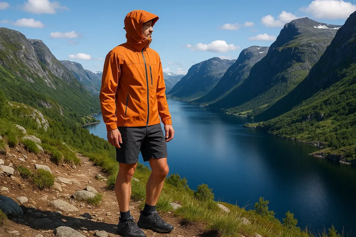 Summer travel clothing for Norway, combining light layers with rain protection