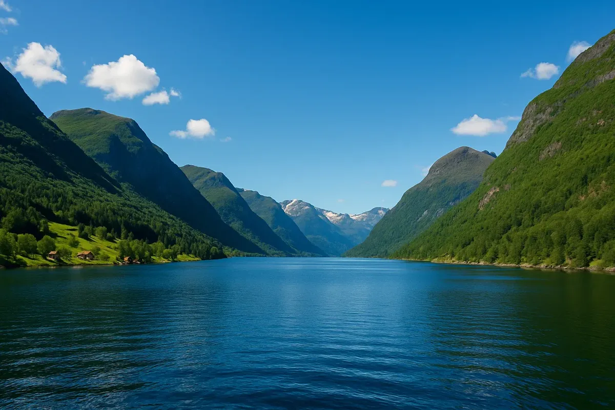 Panoramic view of a Norwegian fjord in summer, with calm blue water, green mountains and clear sunny weather