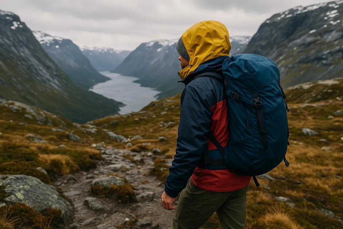 Traveler dressed in layered hiking clothes, waterproof jacket, and boots walking along a mountain trail in Norway
