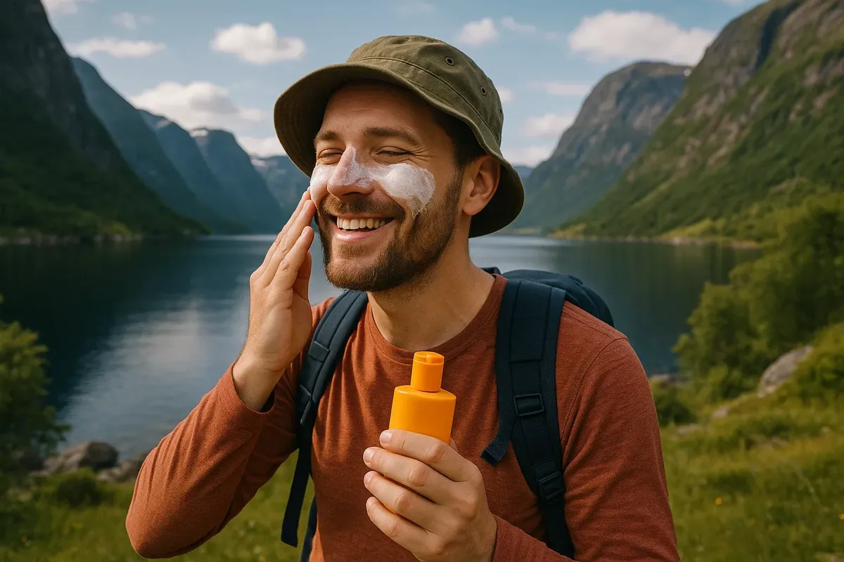 A traveler applying sunscreen with scenic fjord mountains and water in the background