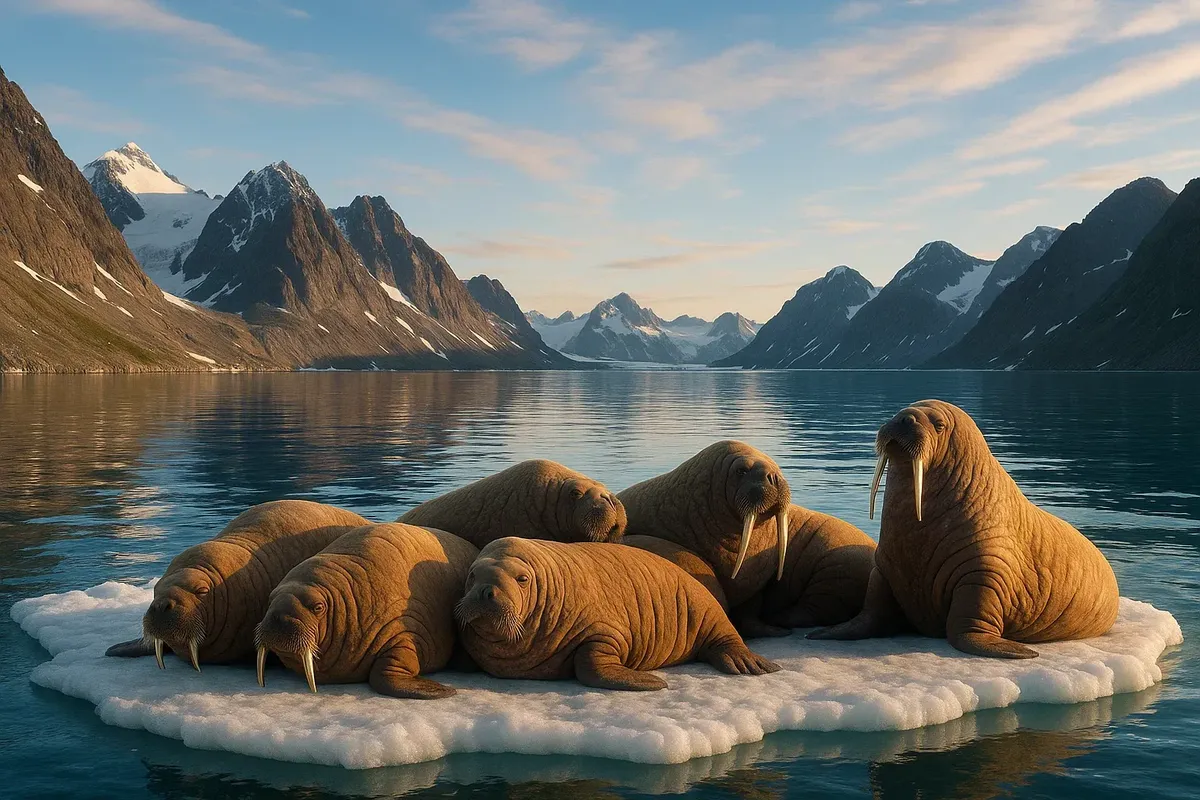 Group of walruses on an ice floe in Magdalenfjord, Svalbard, Norway, under Arctic summer light