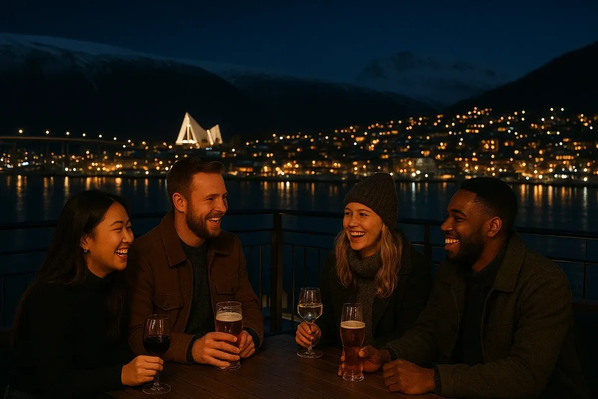 Friends enjoying cocktails at a rooftop bar in Tromsø with a night city view