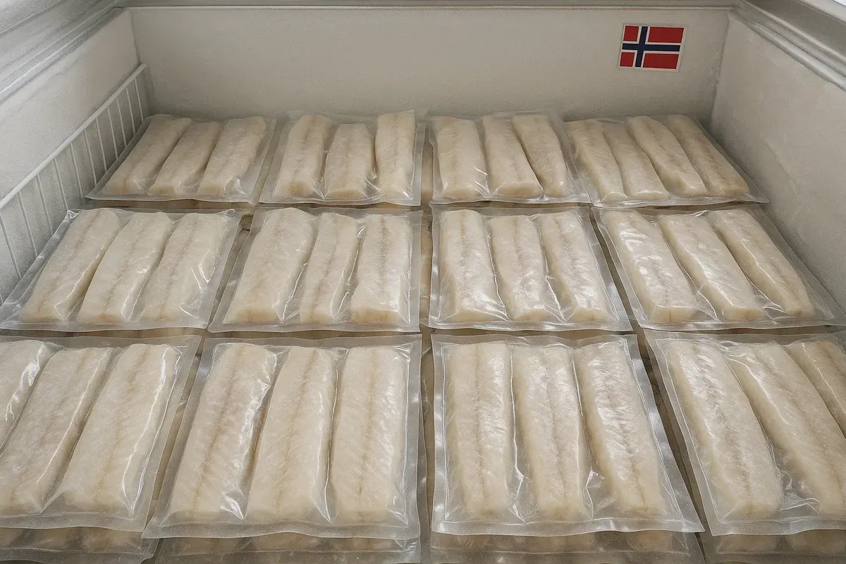 Frozen vacuum-packed fish fillets neatly arranged in a freezer at a Norwegian fishing lodge