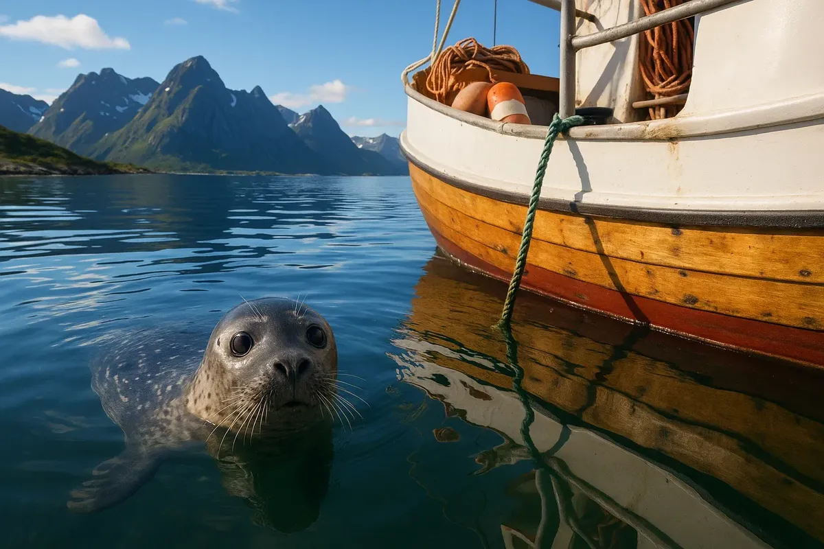 Curious harbor seal swimming close to a fishing boat in Vesterålen, Norway