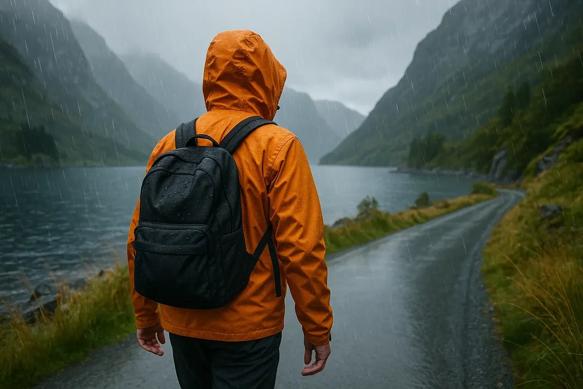 Traveler in waterproof hooded jacket walking along fjord shore in the rain