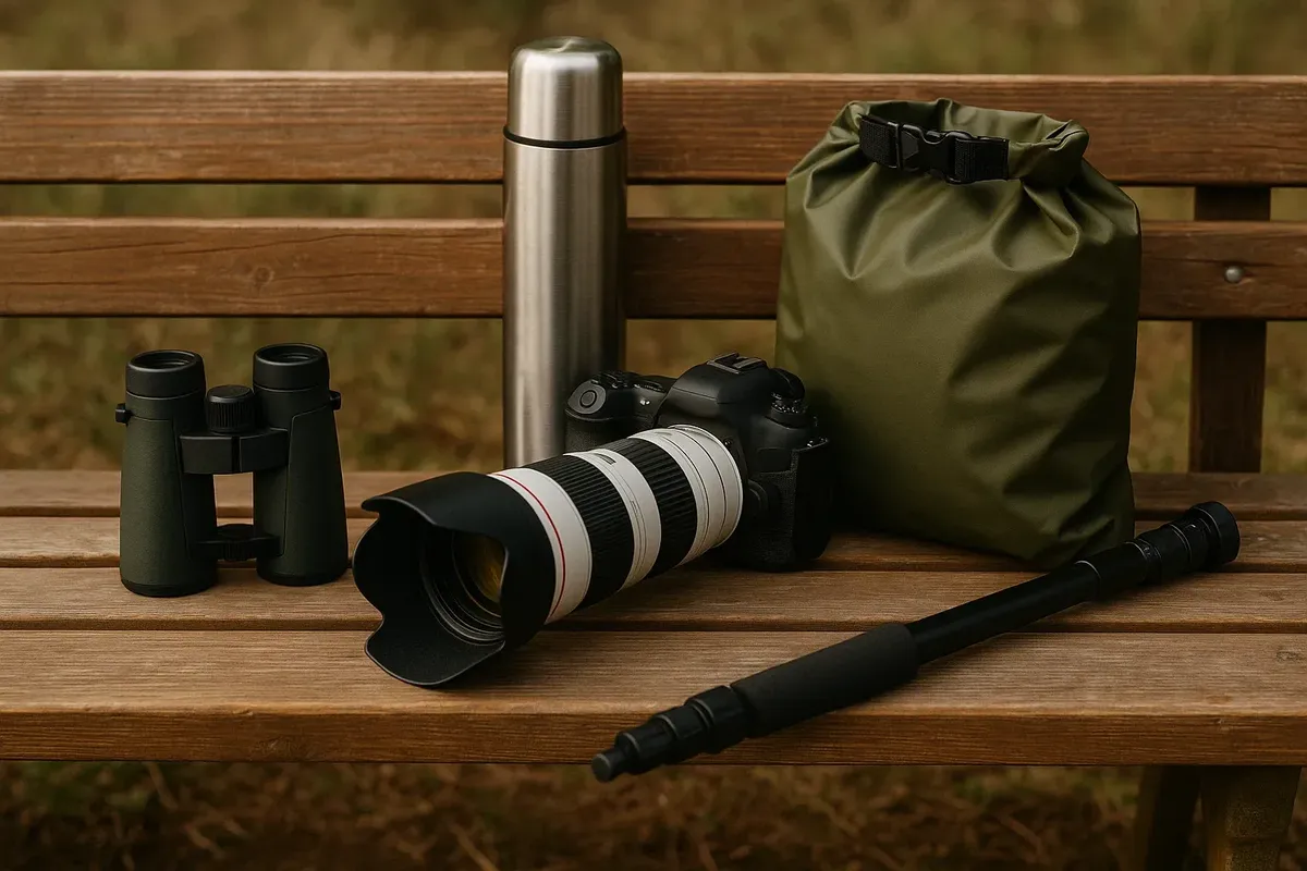 "Set of wildlife watching equipment: binoculars, camera with telephoto lens, monopod, thermos, dry bag "