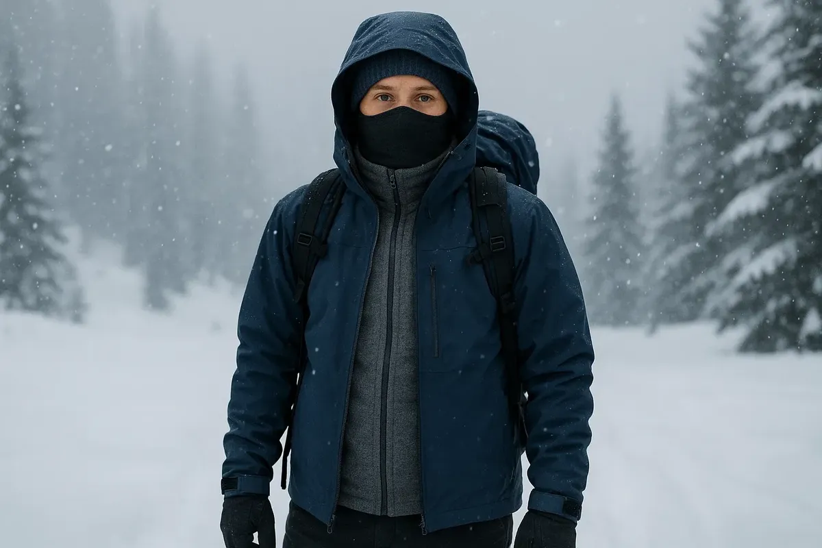 Traveler in proper winter gear including boots, gloves, scarf, and hat, standing in a snow-covered Norwegian landscape