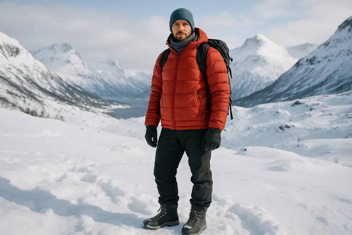 Winter clothing essentials for Norway, including thermal underwear, insulated jacket, and snow boots