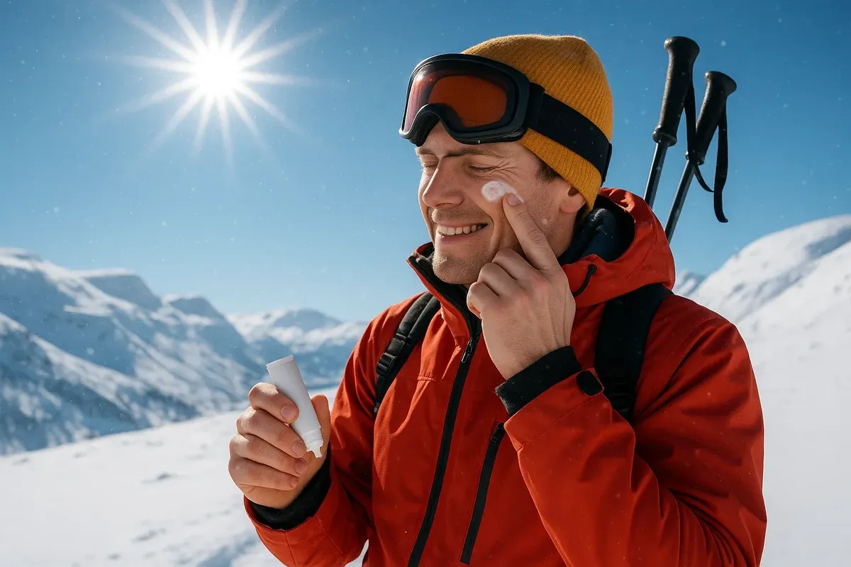 Skier putting on sunscreen during winter with snow reflecting sunlight