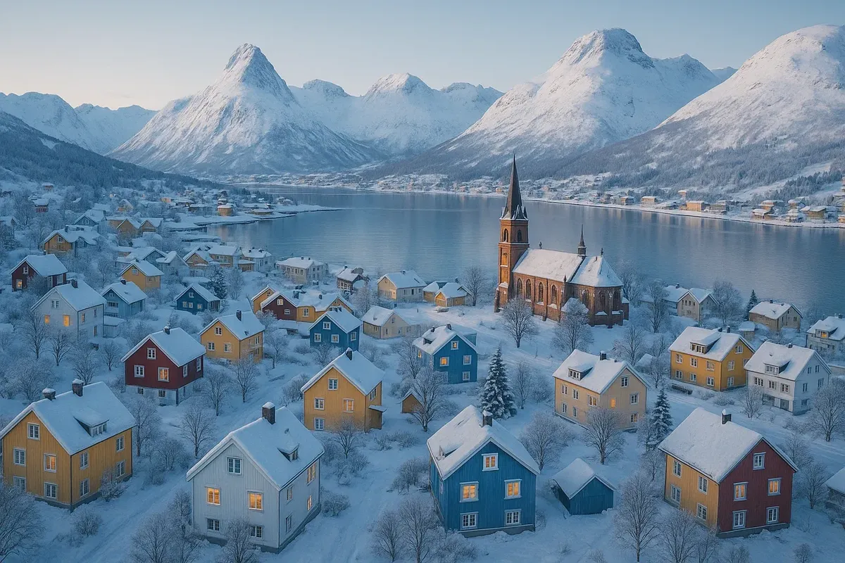 Picturesque winter scene in Norway with snow-covered houses, mountains, and soft daylight