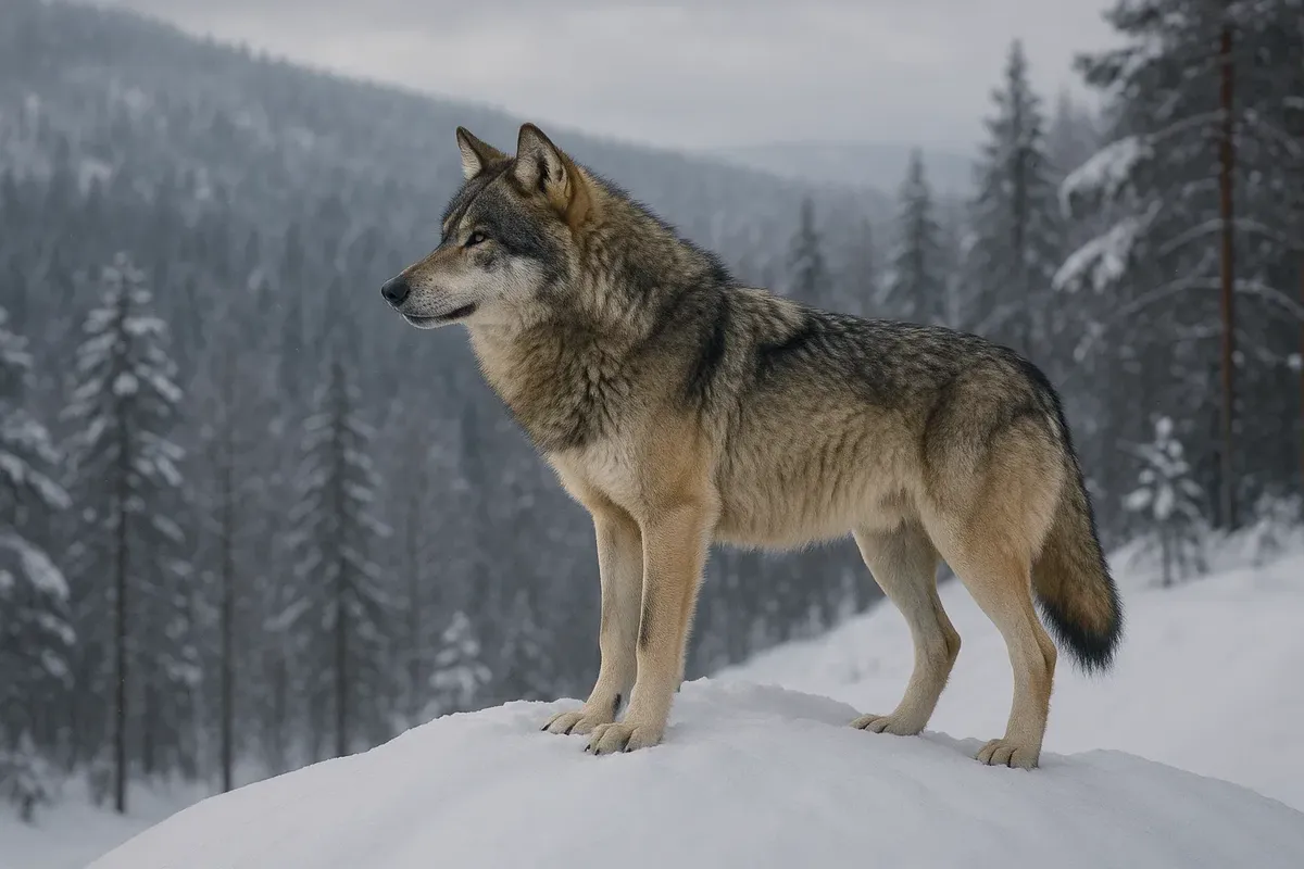 Gray wolf on a snowy hill in the Hedmark region, Norway, with a coniferous forest in the background