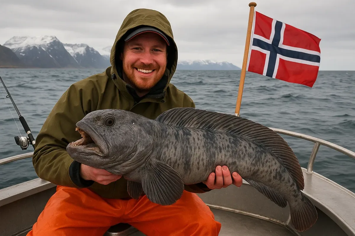 Angler holding large wolffish on Norwegian fishing boat