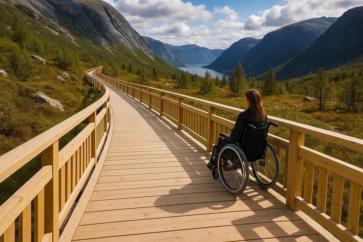 A smooth, wide wooden hiking trail in a Norwegian national park designed for wheelchair accessibility, surrounded by nature.
