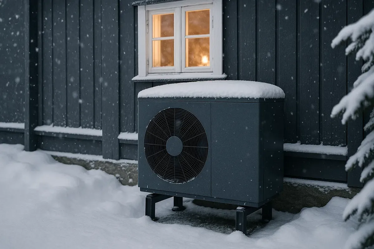 An outdoor air-source heat pump unit operating next to a Norwegian house with snow on the ground.
