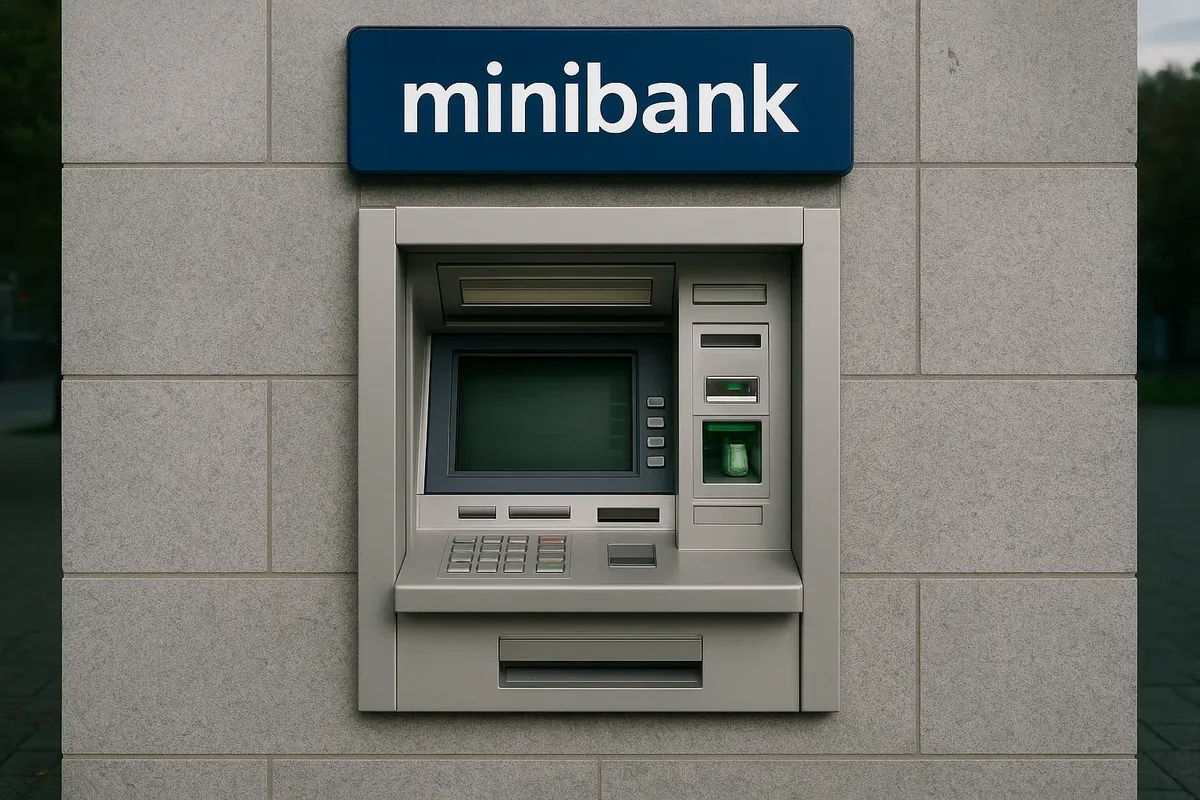 A Norwegian ATM (“minibank”) in an outdoor setting, ready for use by travelers.