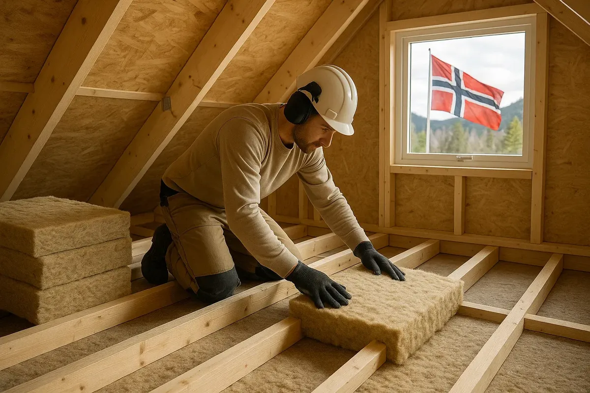 Workers installing eco-friendly insulation in the attic of a Norwegian home.