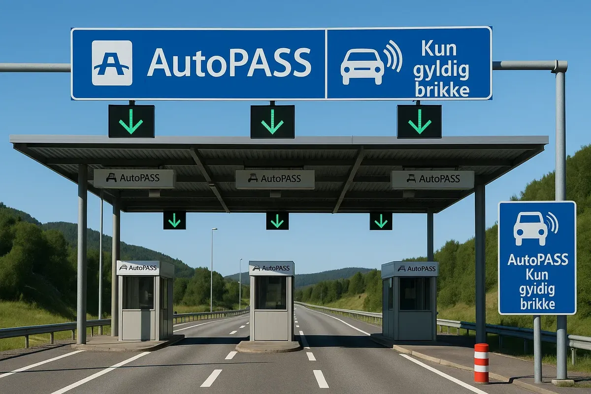 An AutoPASS toll station in Norway showing lanes, toll booths, and AutoPASS signs.