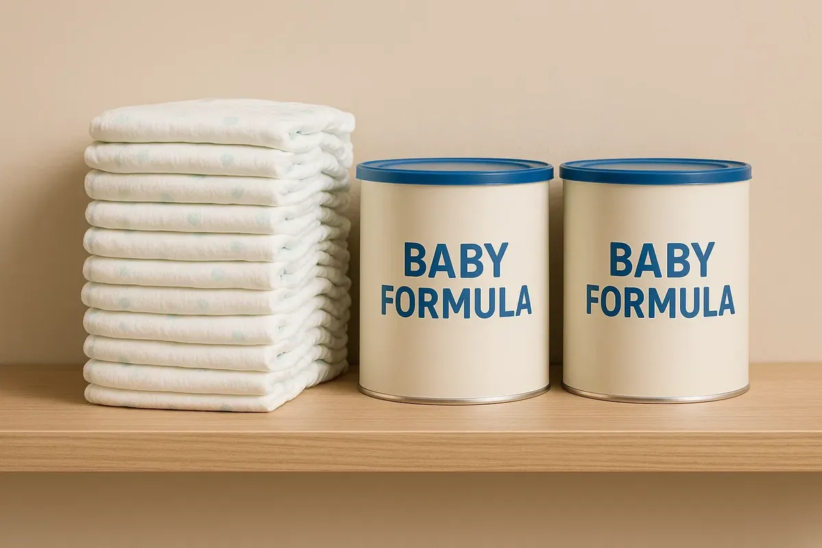 A shelf stocked with baby diapers and cans of baby formula, showing common Norwegian brands.